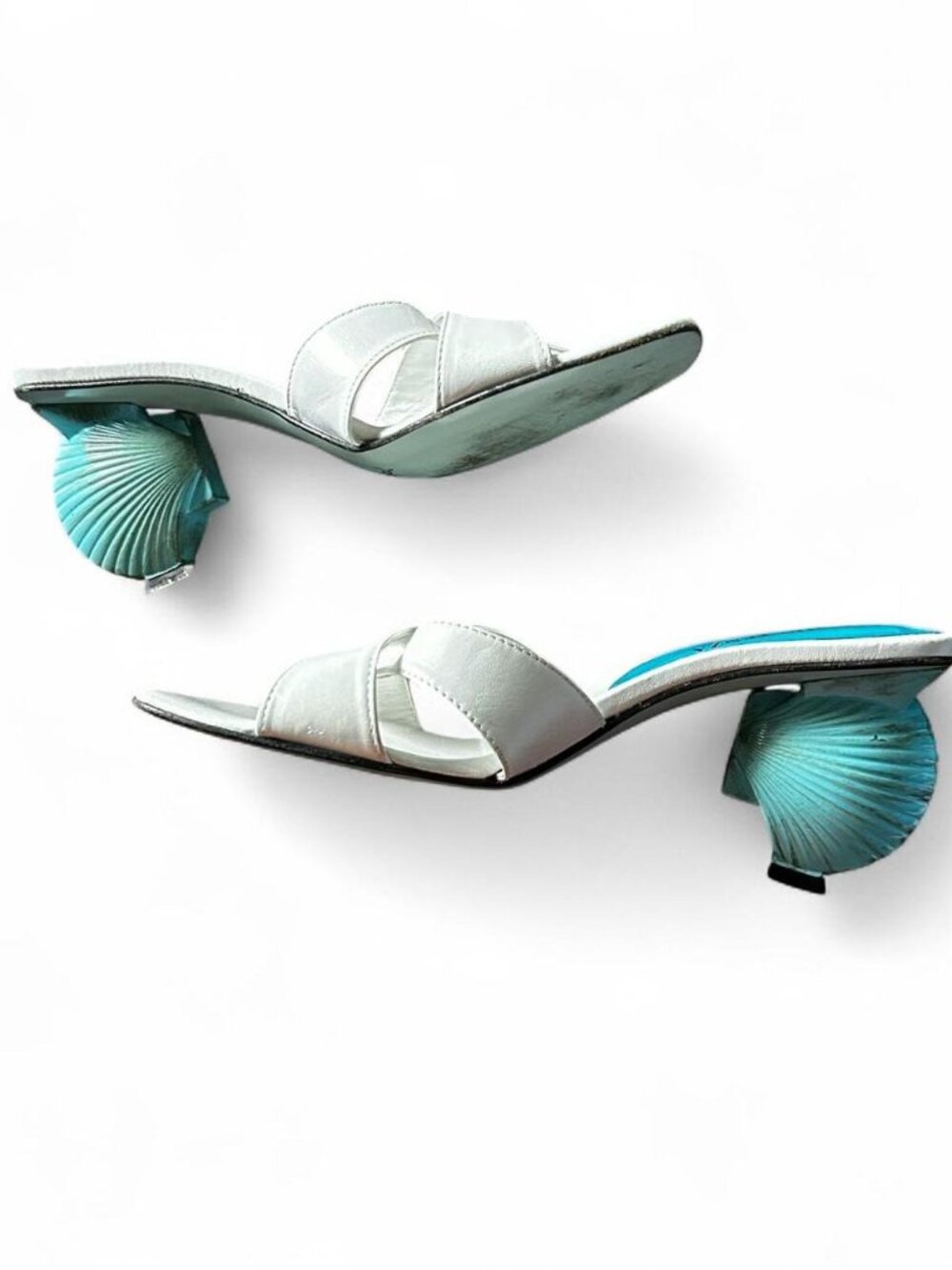 Silver leather kitten heel mules sandals with blue seashell heel  Size: 7.5